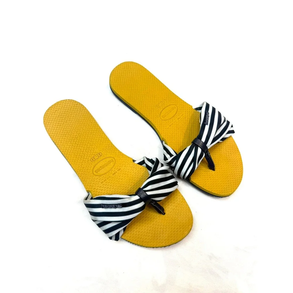HAVAIANAS Womens 37-38 Yellow Black White Stripe Bow Flip Flop Thong Sandal